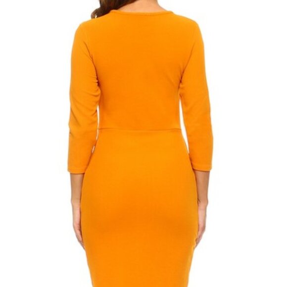 Kangaroo Pockets Solid Red Bodycon Midi Dress Casual Church Office 7/8 Sleeves - Picture 4 of 5